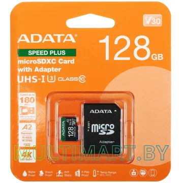 Карта памяти ADATA SPEED PLUS microSDXC 128GB с адаптером (UD128GUI3V30A2SP-RA1)